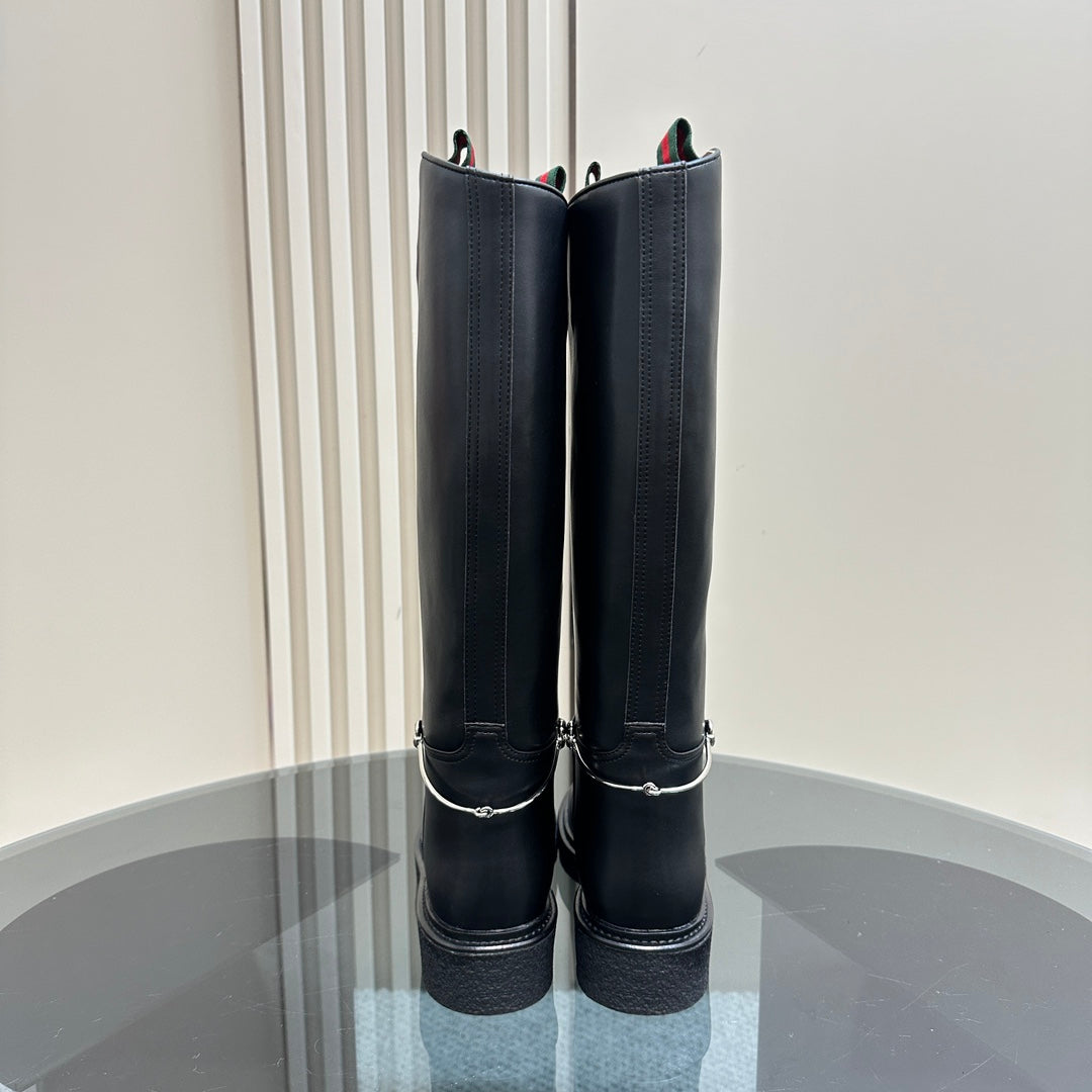 GUCCI SLIM HORSEBIT KNEE BOOTS WITH WEB IN BLACK CALFSKIN