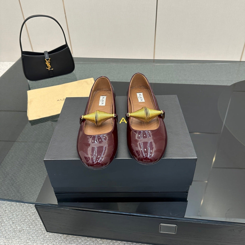 ALAIA BALLET SHOES 25S IN DARK RED PATENT LEATHER WITH GOLD HARDWARE