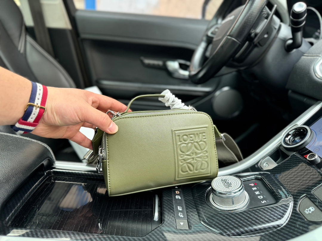 LOEWE LOE MINI 18 CAMERA CROSS BODY BAG IN OLIVE GREEN CALFSKIN