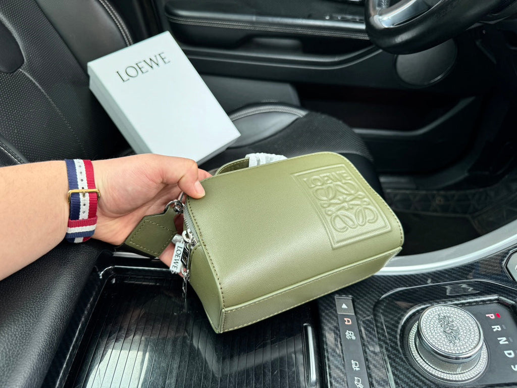 LOEWE LOE MINI 18 CAMERA CROSS BODY BAG IN OLIVE GREEN CALFSKIN