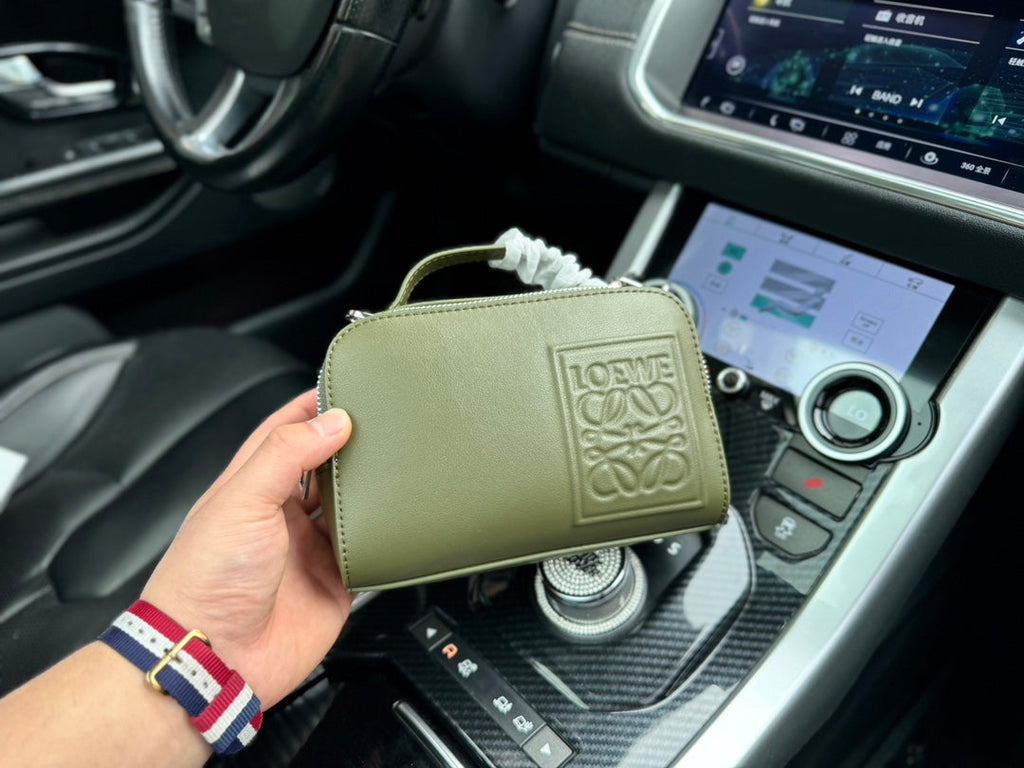 LOEWE LOE MINI 18 CAMERA CROSS BODY BAG IN OLIVE GREEN CALFSKIN