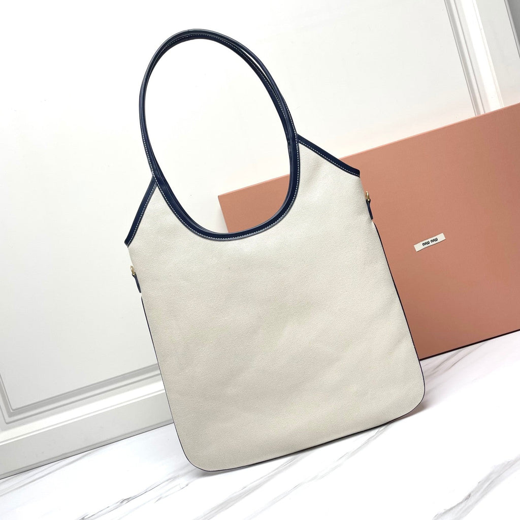 MIU MIU IVY TOTE BAG 40 IN WHITE CANVAS AND NAVY LEATHER TRIM