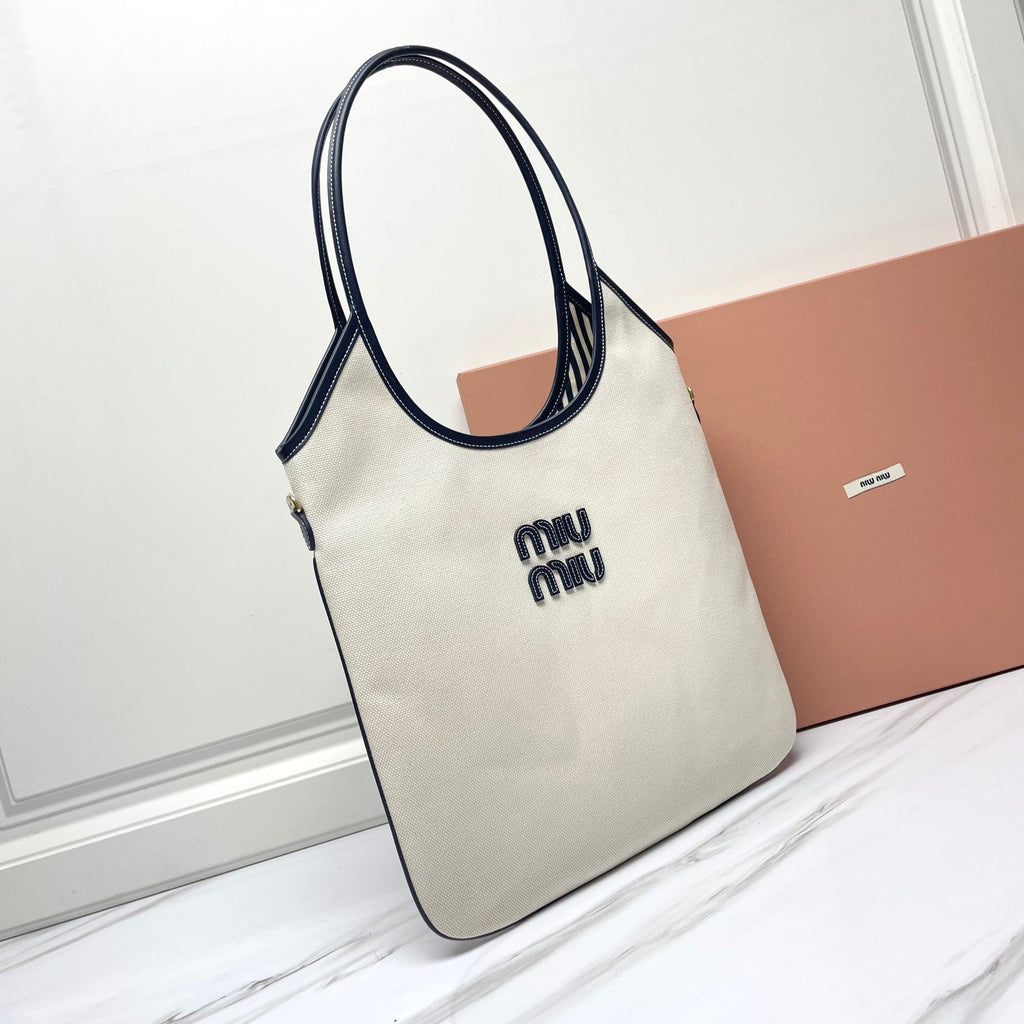 MIU MIU IVY TOTE BAG 40 IN WHITE CANVAS AND NAVY LEATHER TRIM