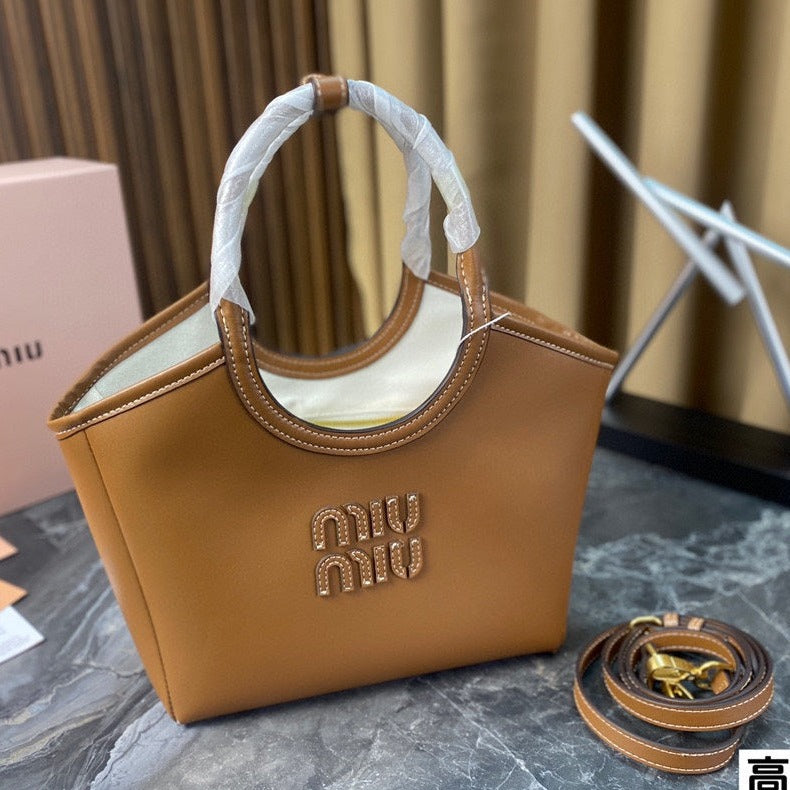 MIU MIU LARGE HOBO 27 TOTE IN CARAMEL BROWN CALFSKIN