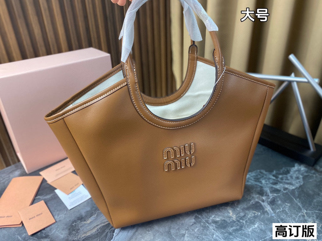 MIU MIU LARGE HOBO 27 TOTE IN CARAMEL BROWN CALFSKIN