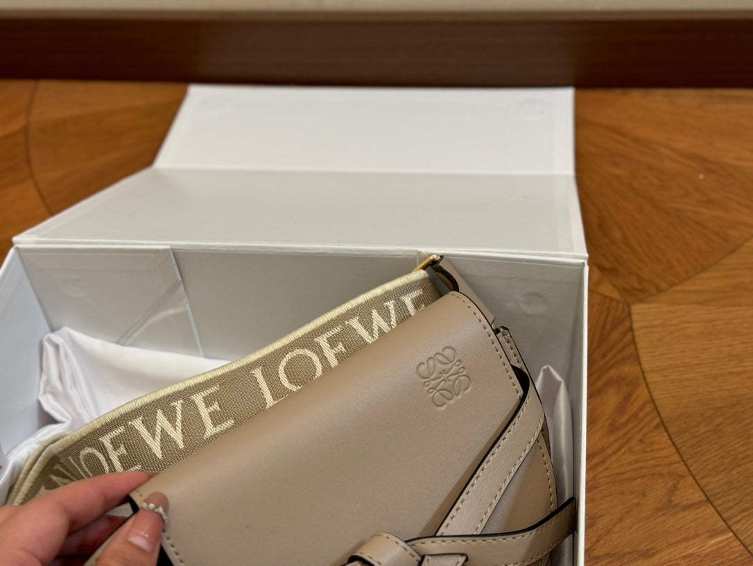 LOEWE LOE SMALL 21 GATE DUAL BAG IN KHAKI BROWN SOFT CALFSKIN AND JACQUARD