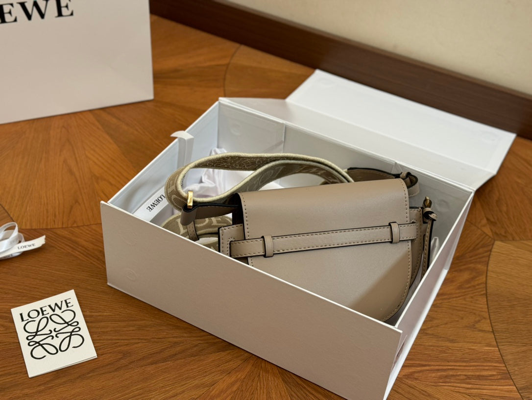LOEWE LOE SMALL 21 GATE DUAL BAG IN KHAKI BROWN SOFT CALFSKIN AND JACQUARD