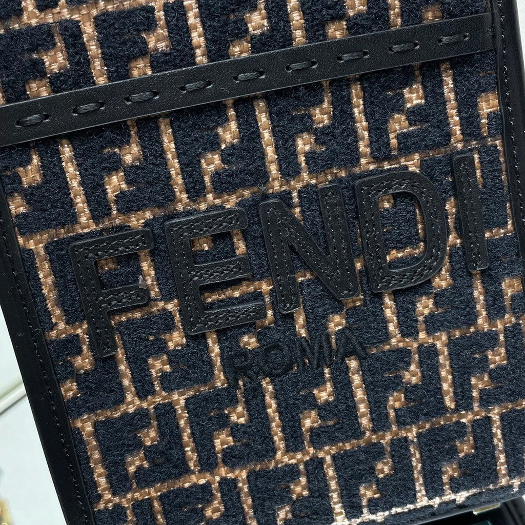 FENDI MINI SUNSHINE 18 IN BROWN RAFFIA AND BLACK WOOL CALFSKIN TRIM
