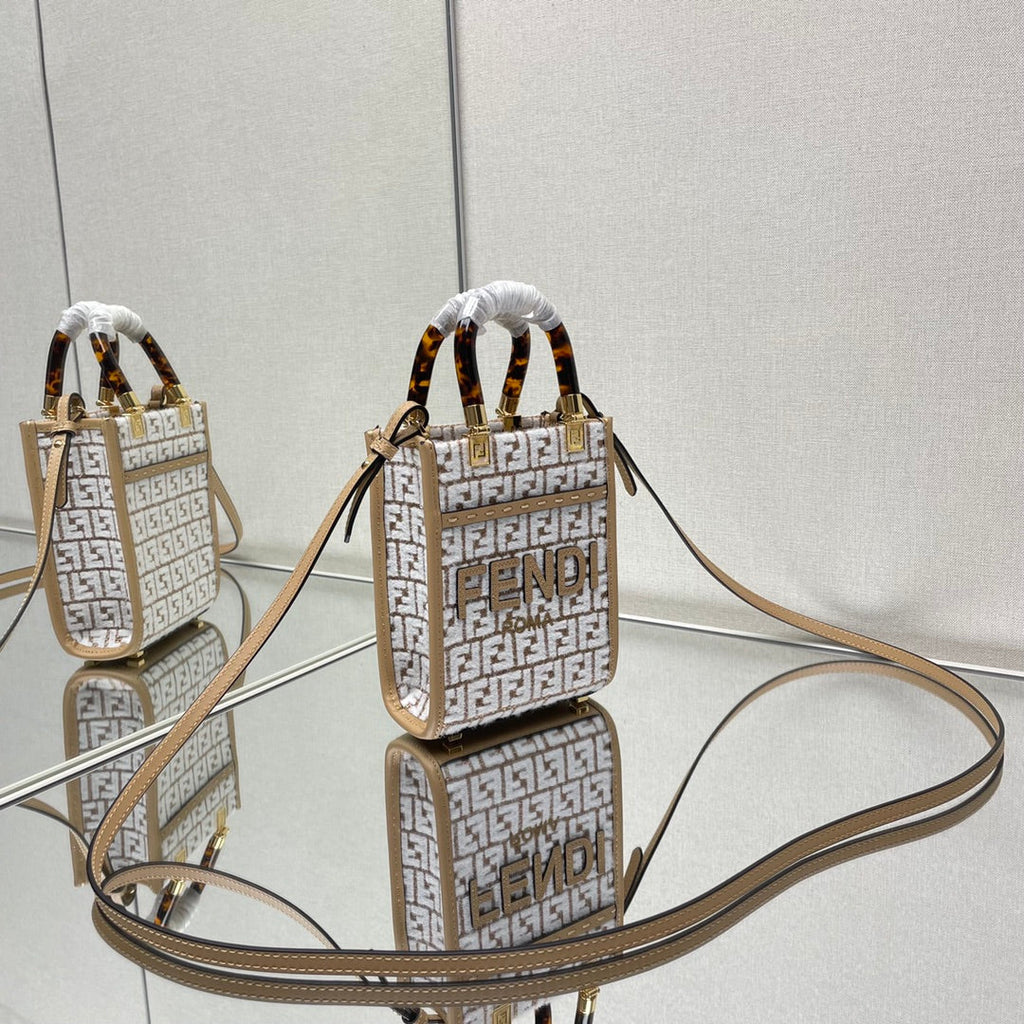 FENDI MINI SUNSHINE 18 IN WHITE WOOL AND CAMEL BROWN RAFFIA CALFSKIN TRIM