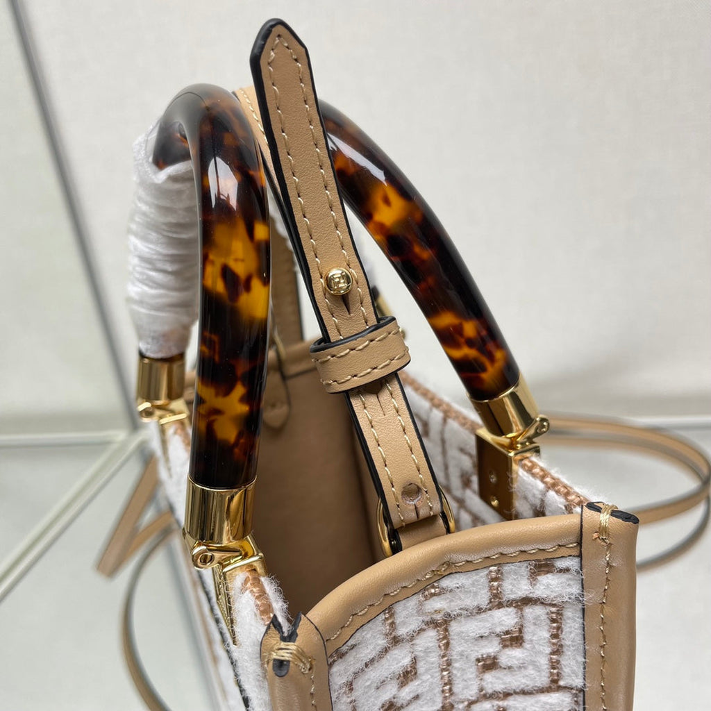 FENDI MINI SUNSHINE 18 IN WHITE WOOL AND CAMEL BROWN RAFFIA CALFSKIN TRIM