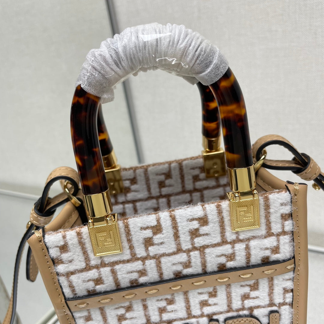 FENDI MINI SUNSHINE 18 IN WHITE WOOL AND CAMEL BROWN RAFFIA CALFSKIN TRIM