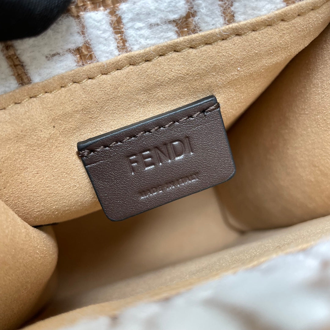 FENDI MINI SUNSHINE 18 IN WHITE WOOL AND CAMEL BROWN RAFFIA CALFSKIN TRIM