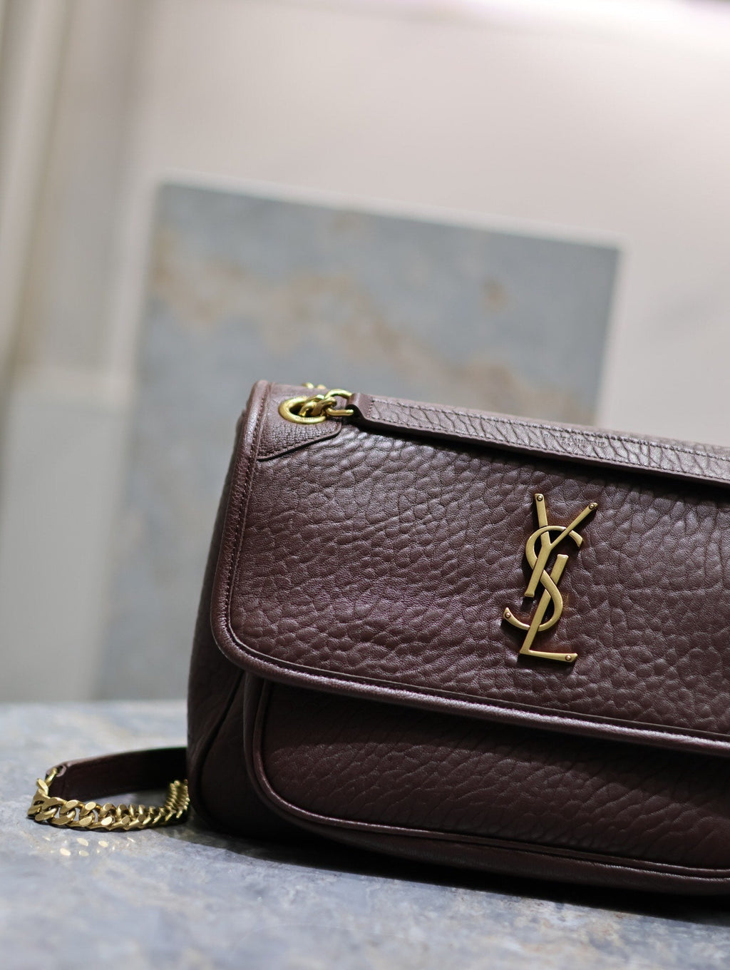 SAINT LAURENT NIKI MEDIUM 28 IN CHESTNUT BROWN ELEPHANT PATTERN LAMBSKIN GOLD HARDWARE