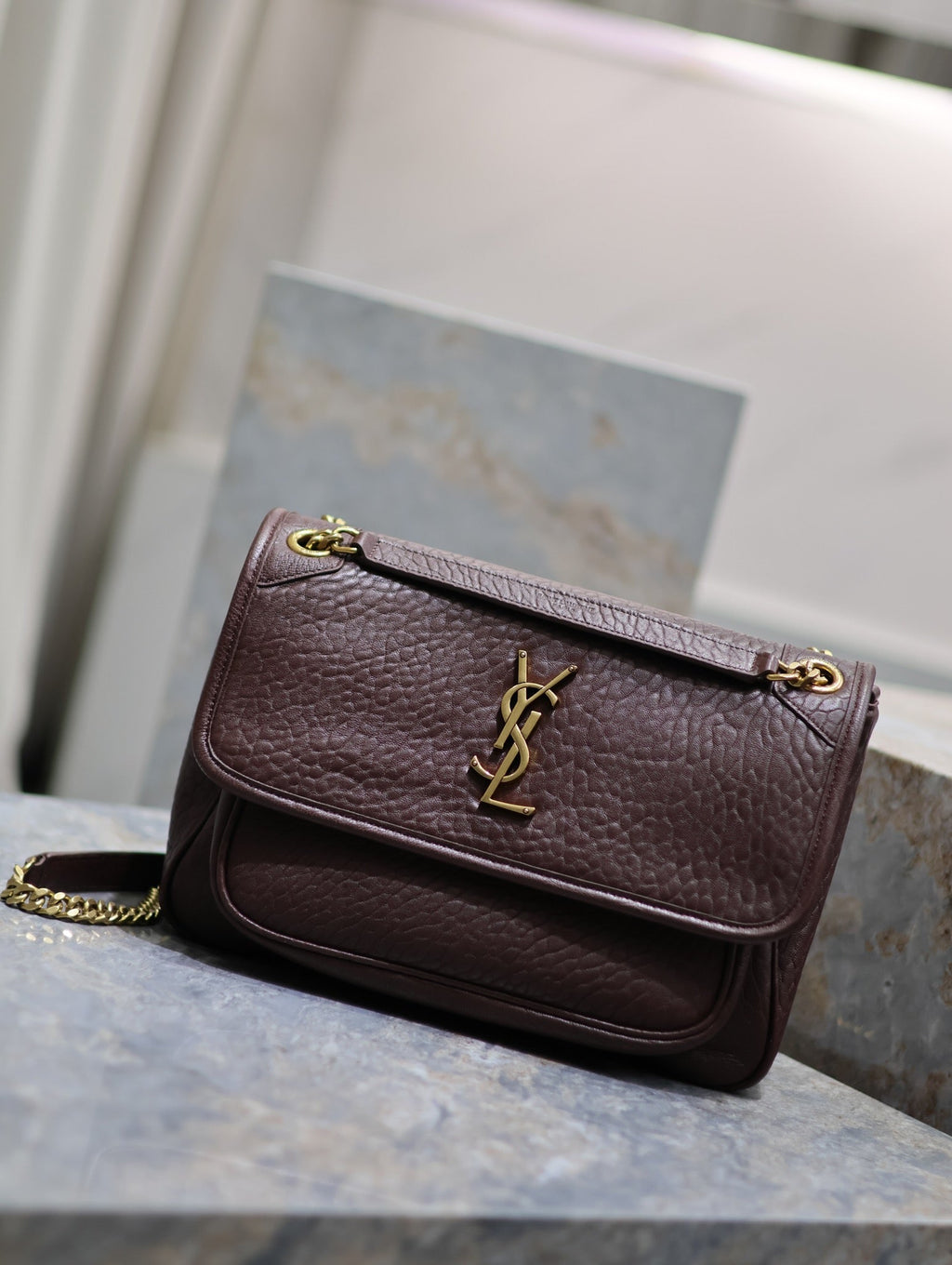 SAINT LAURENT NIKI MEDIUM 28 IN CHESTNUT BROWN ELEPHANT PATTERN LAMBSKIN GOLD HARDWARE