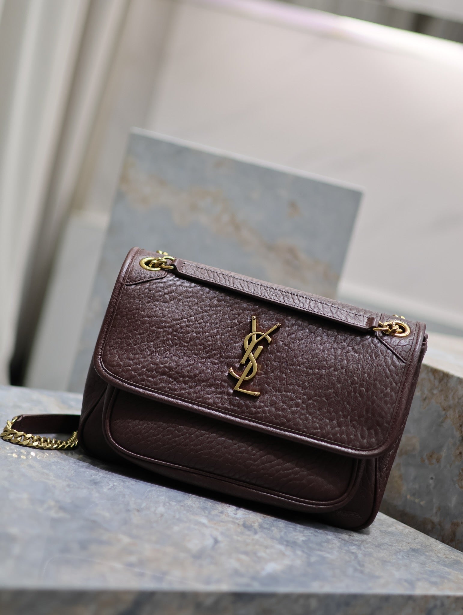 SAINT LAURENT NIKI MEDIUM 28 IN CHESTNUT BROWN ELEPHANT PATTERN LAMBSKIN GOLD HARDWARE