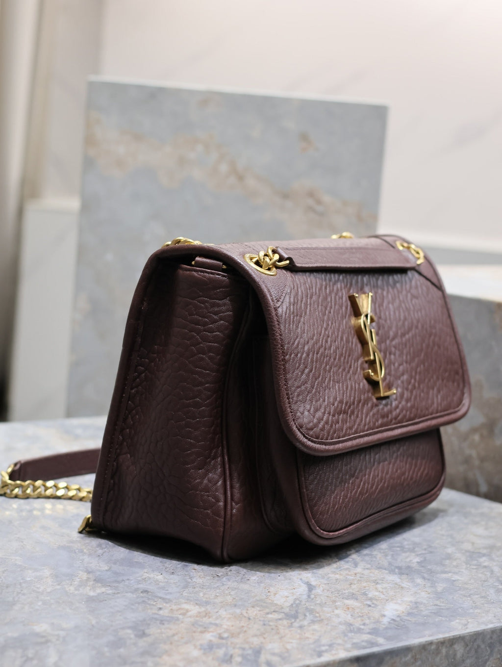 SAINT LAURENT NIKI MEDIUM 28 IN CHESTNUT BROWN ELEPHANT PATTERN LAMBSKIN GOLD HARDWARE