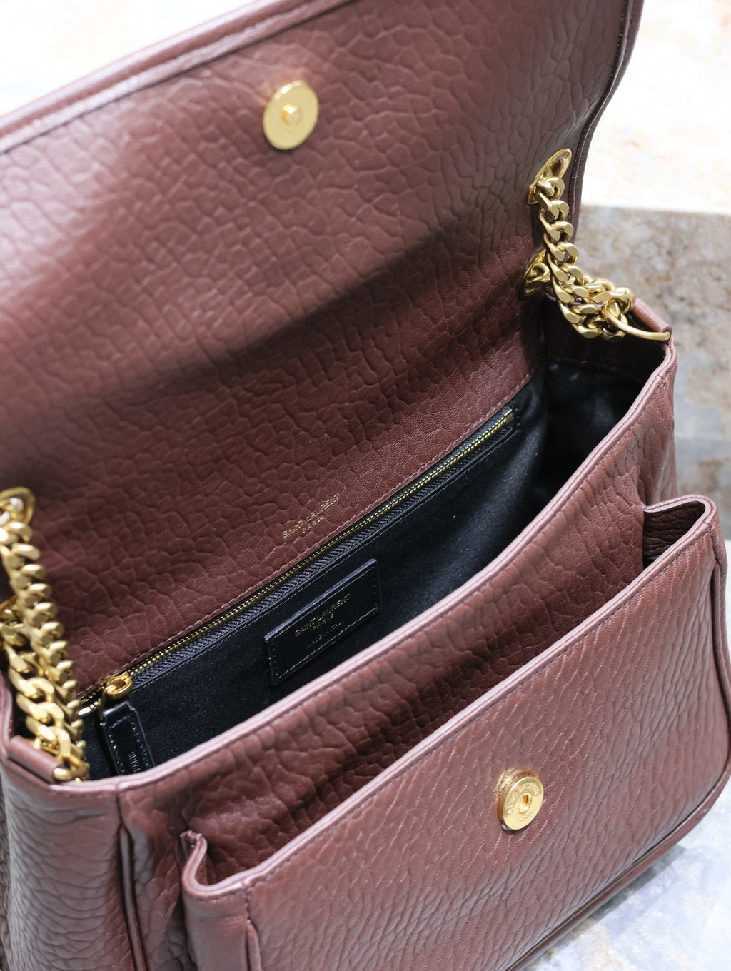 SAINT LAURENT NIKI MEDIUM 28 IN CHESTNUT BROWN ELEPHANT PATTERN LAMBSKIN GOLD HARDWARE