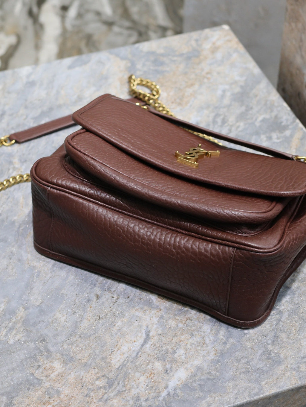 SAINT LAURENT NIKI MEDIUM 28 IN CHESTNUT BROWN ELEPHANT PATTERN LAMBSKIN GOLD HARDWARE