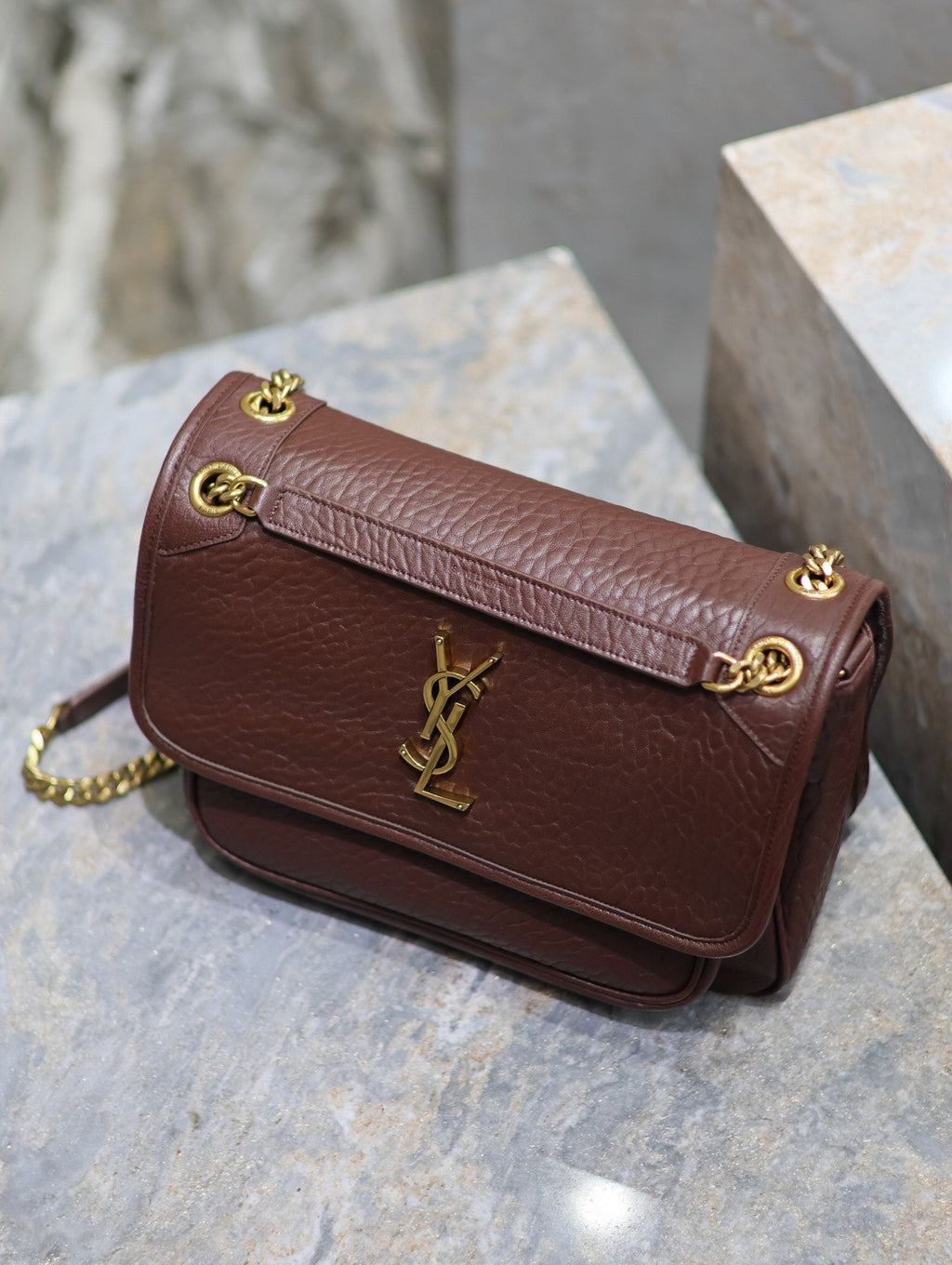 SAINT LAURENT NIKI MEDIUM 28 IN CHESTNUT BROWN ELEPHANT PATTERN LAMBSKIN GOLD HARDWARE