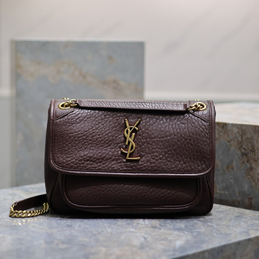 SAINT LAURENT NIKI MEDIUM 28 IN CHESTNUT BROWN ELEPHANT PATTERN LAMBSKIN GOLD HARDWARE