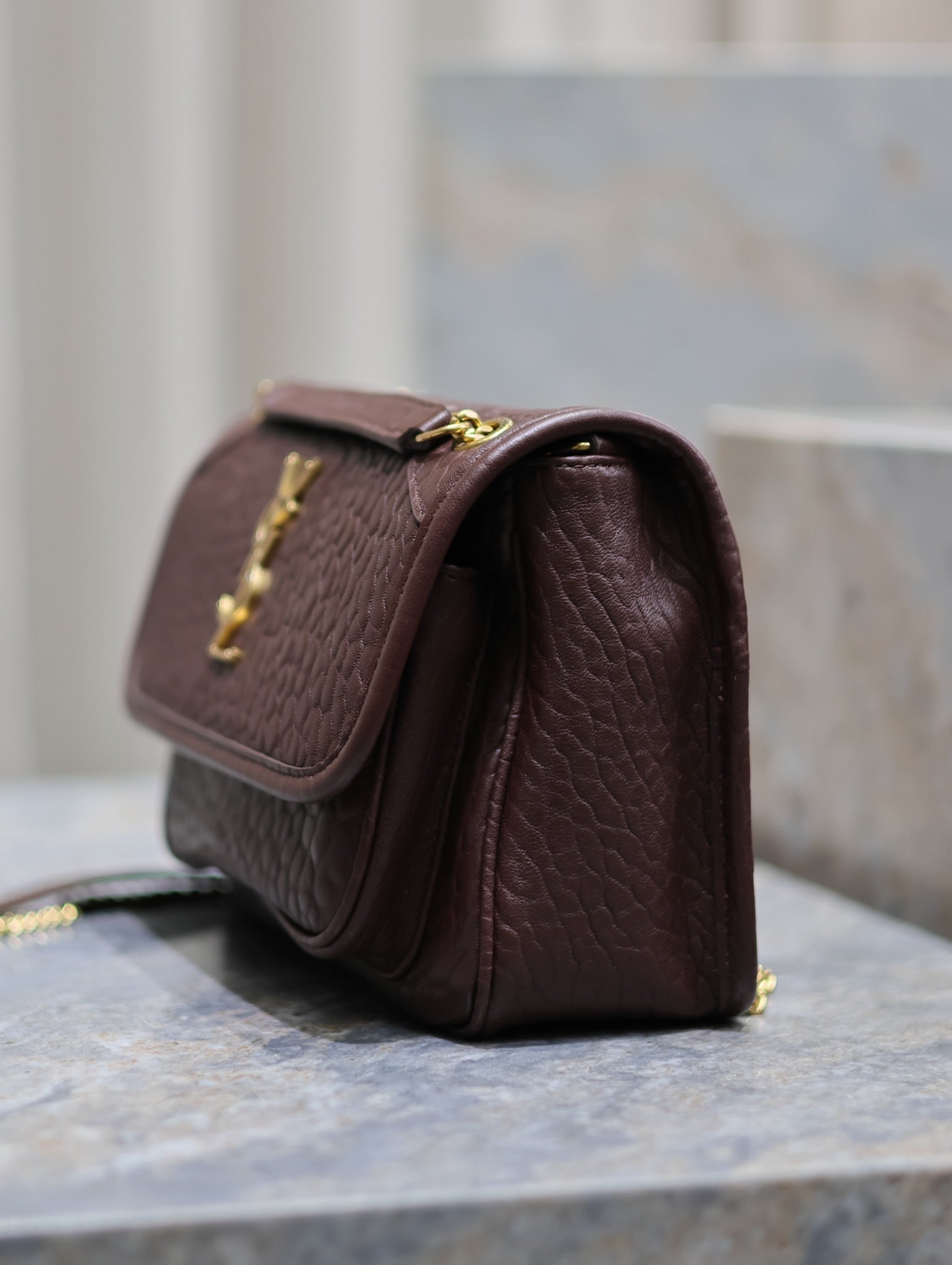 SAINT LAURENT Niki mini crinkled shoulder 22 in Chestnut Brown Lamskin Gold Hardware