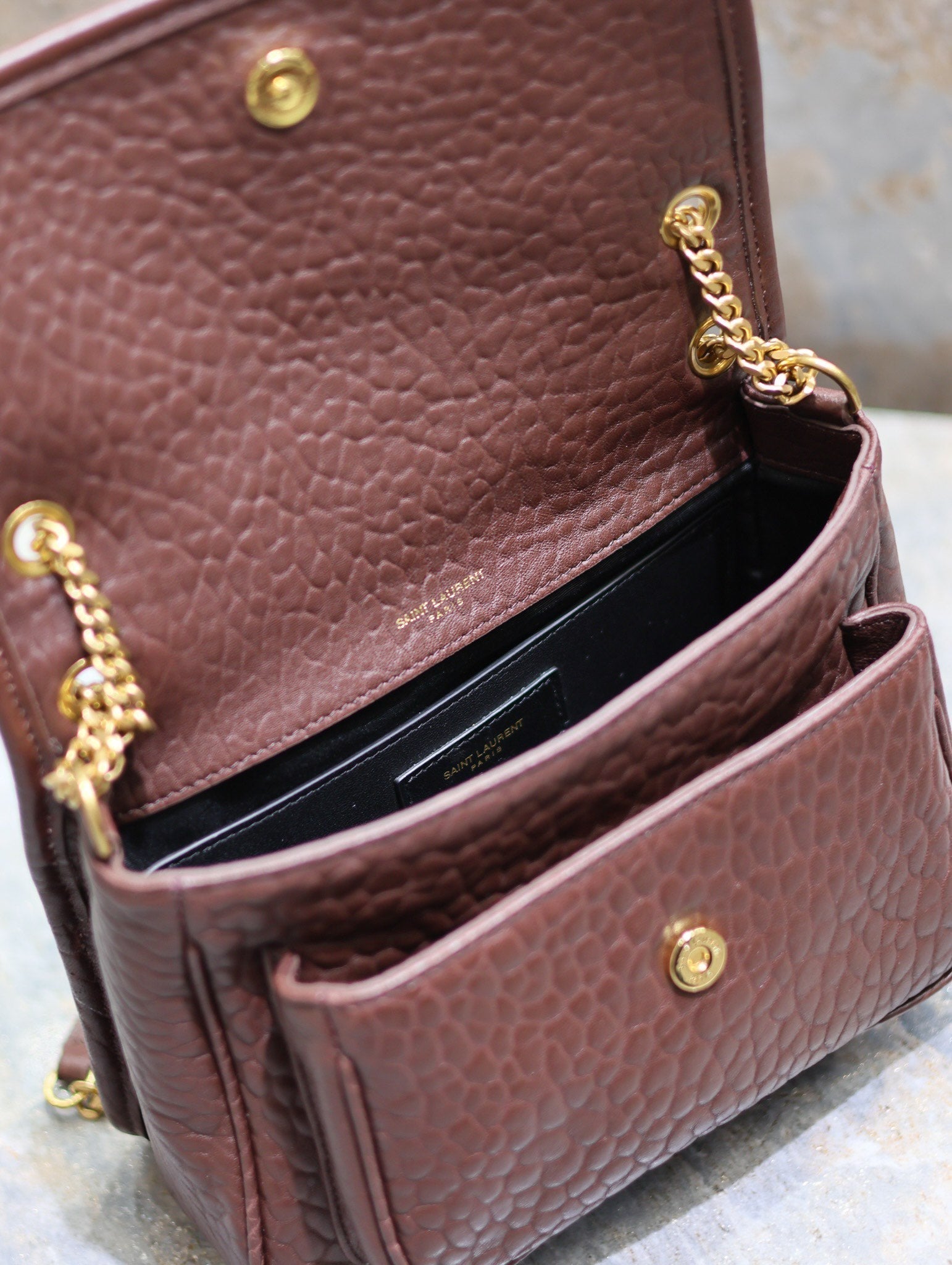 SAINT LAURENT Niki mini crinkled shoulder 22 in Chestnut Brown Lamskin Gold Hardware