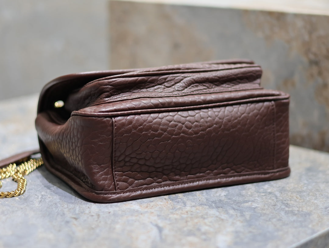 SAINT LAURENT Niki mini crinkled shoulder 22 in Chestnut Brown Lamskin Gold Hardware