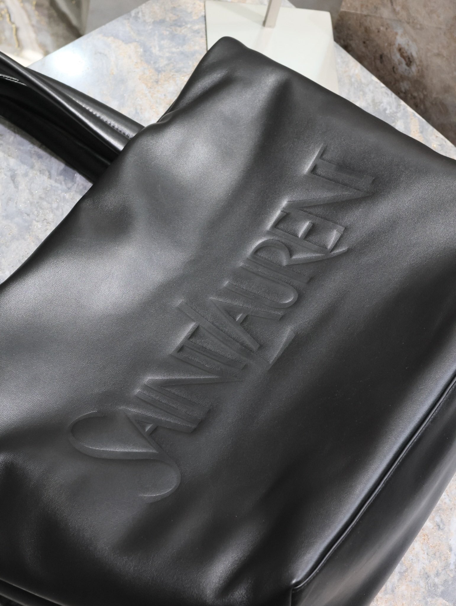 SAINT LAURENT TOTE BAG 50 IN BLACK CALFSKIN WITH EMBOSSED LOGO