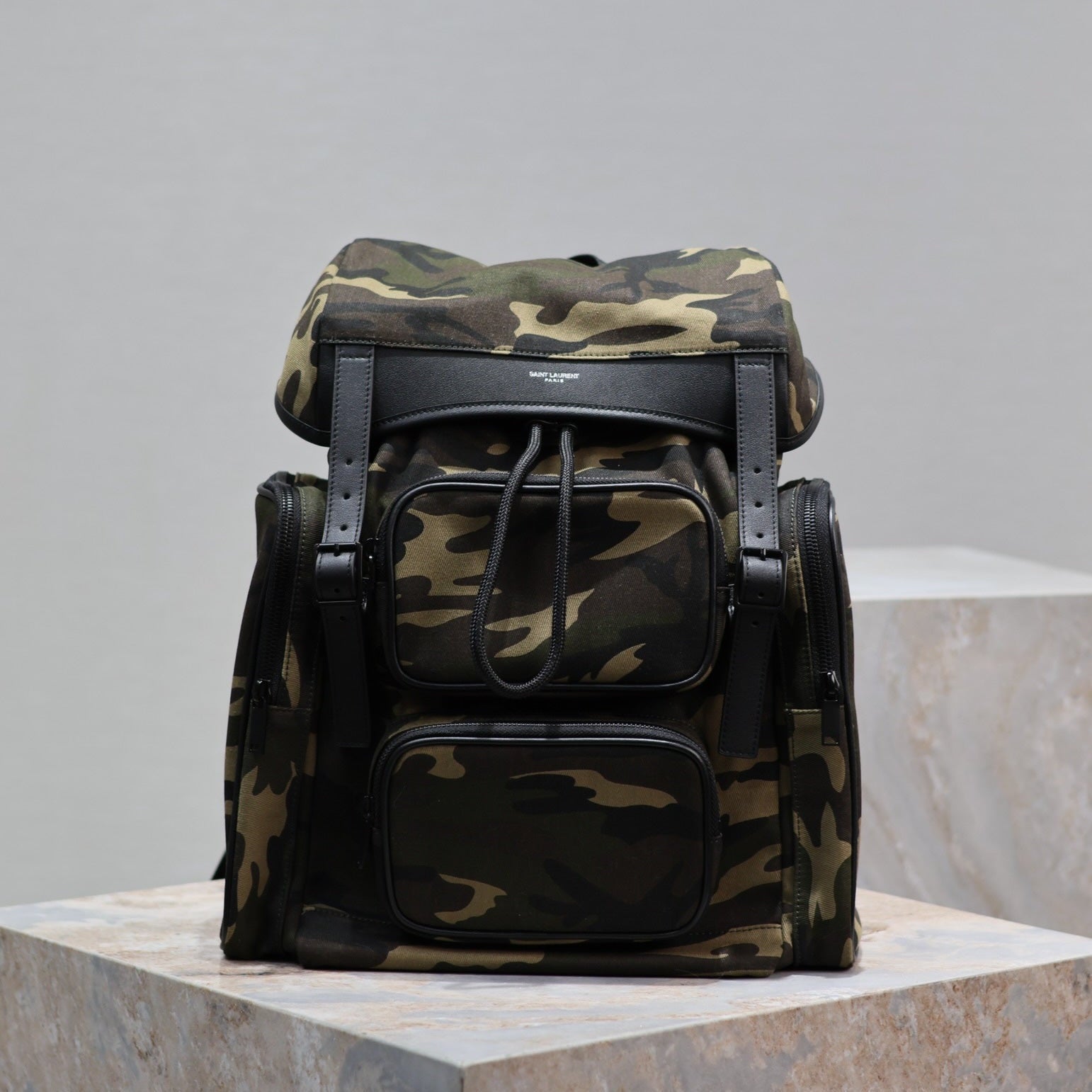 SAINT LAURENT CITY MULTI-POCKET BACKPACK 42 IN CAMOUFLAGE PATTERN NYLON AND BLACK CALFSKIN