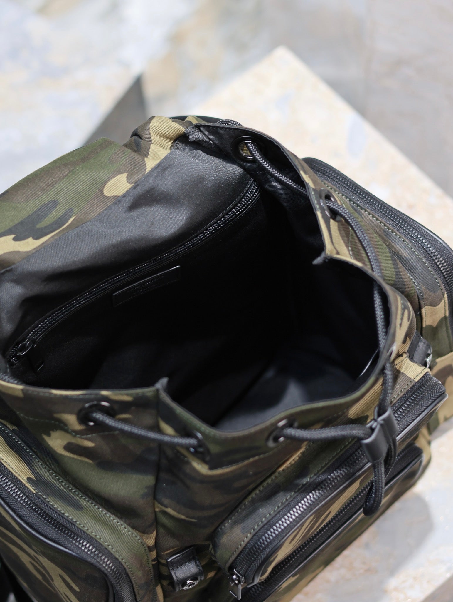 SAINT LAURENT CITY MULTI-POCKET BACKPACK 42 IN CAMOUFLAGE PATTERN NYLON AND BLACK CALFSKIN