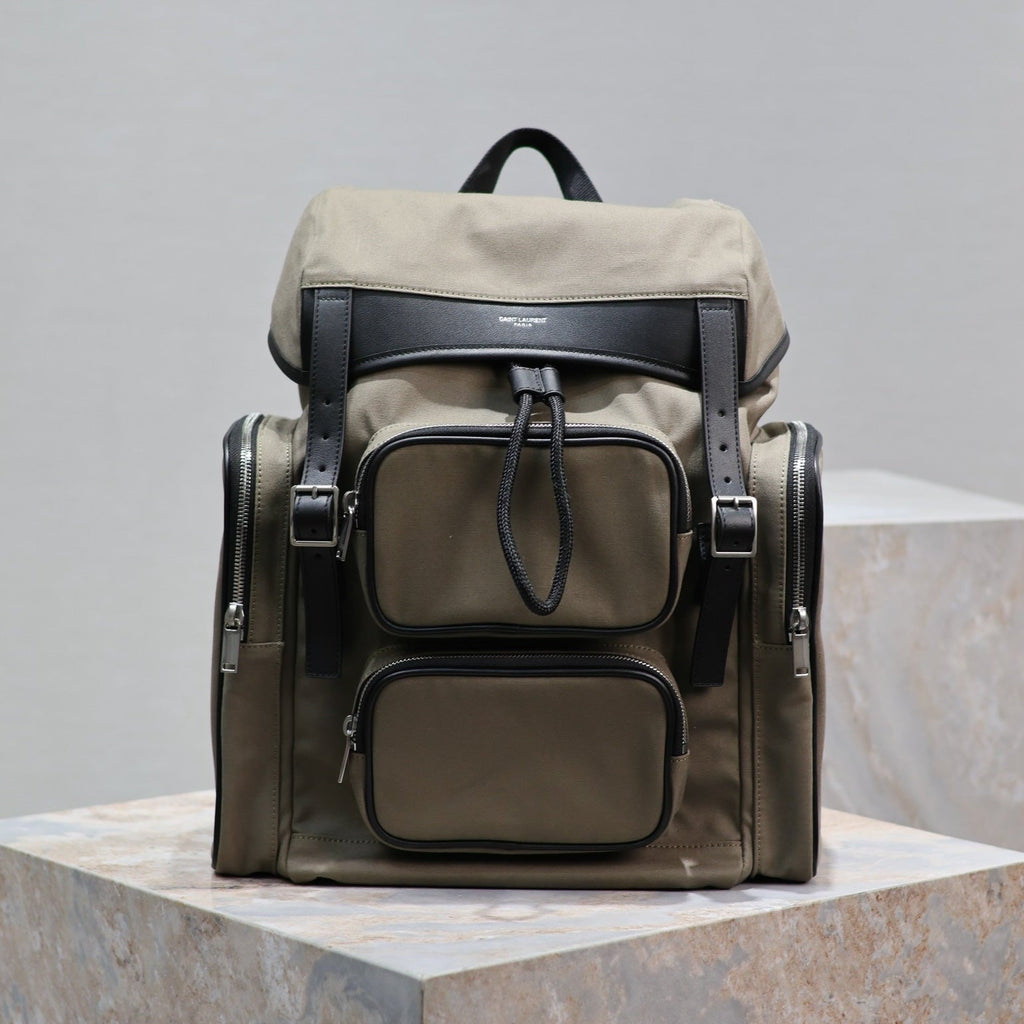SAINT LAURENT CITY MULTI-POCKET BACKPACK 42 IN KHAKI GREEN NYLON AND BLACK SMOOTH CALFSKIN