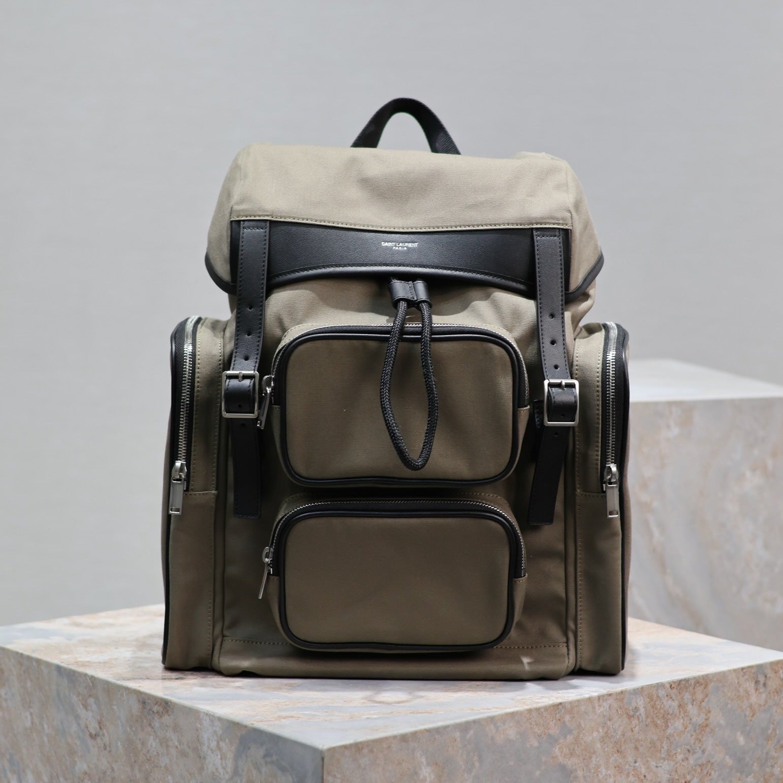 SAINT LAURENT CITY MULTI-POCKET BACKPACK 42 IN KHAKI GREEN NYLON AND BLACK SMOOTH CALFSKIN