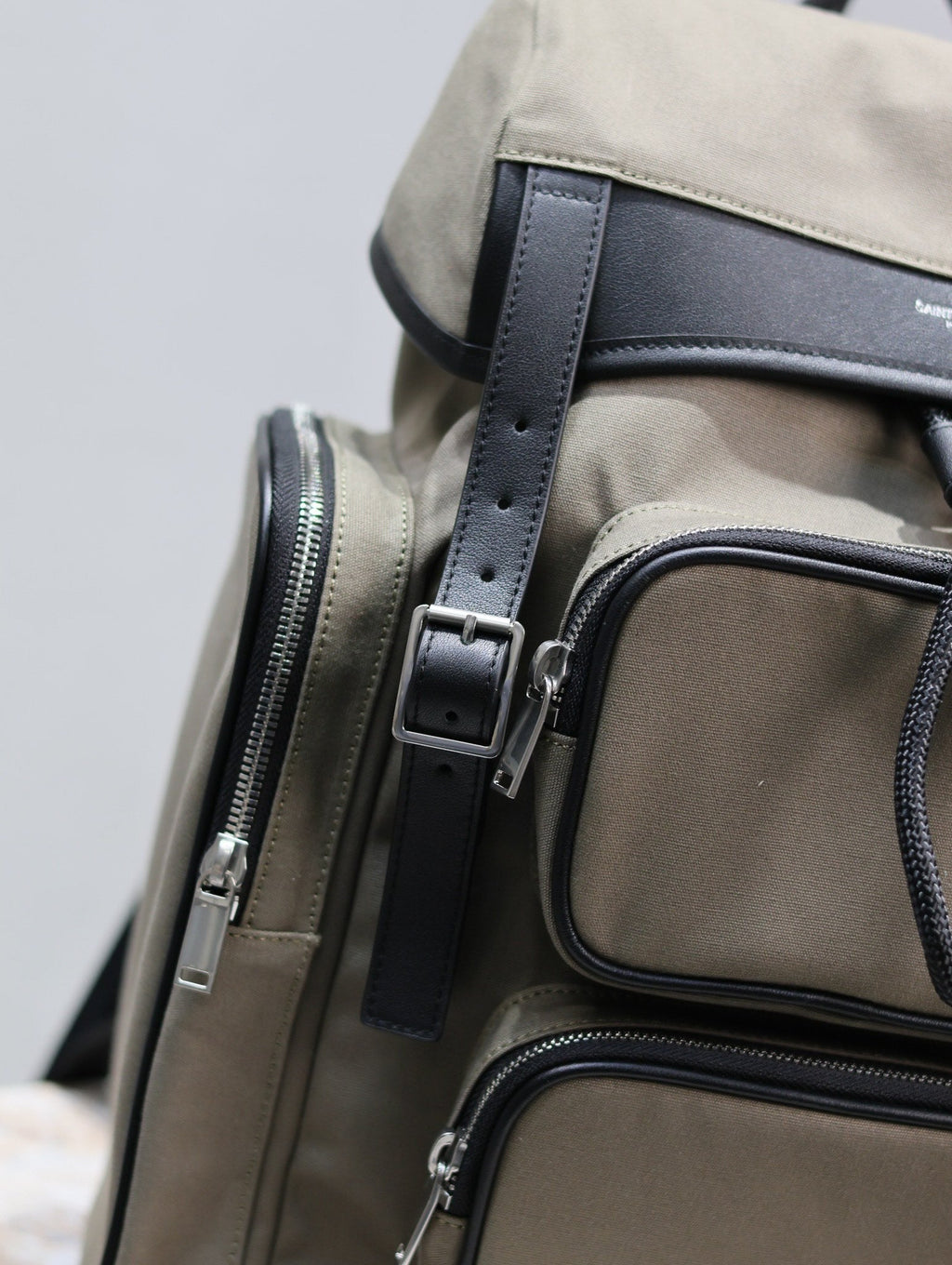 SAINT LAURENT CITY MULTI-POCKET BACKPACK 42 IN KHAKI GREEN NYLON AND BLACK SMOOTH CALFSKIN