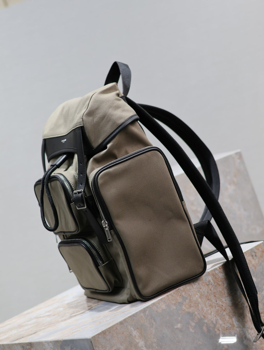 SAINT LAURENT CITY MULTI-POCKET BACKPACK 42 IN KHAKI GREEN NYLON AND BLACK SMOOTH CALFSKIN