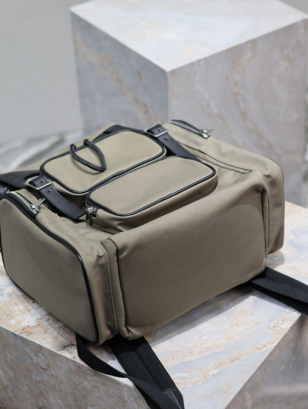 SAINT LAURENT CITY MULTI-POCKET BACKPACK 42 IN KHAKI GREEN NYLON AND BLACK SMOOTH CALFSKIN