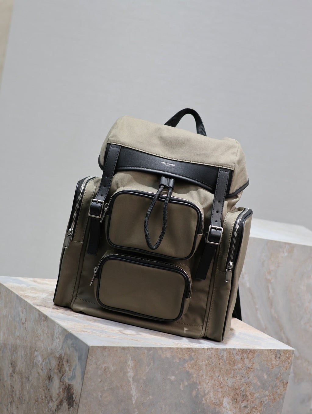 SAINT LAURENT CITY MULTI-POCKET BACKPACK 42 IN KHAKI GREEN NYLON AND BLACK SMOOTH CALFSKIN