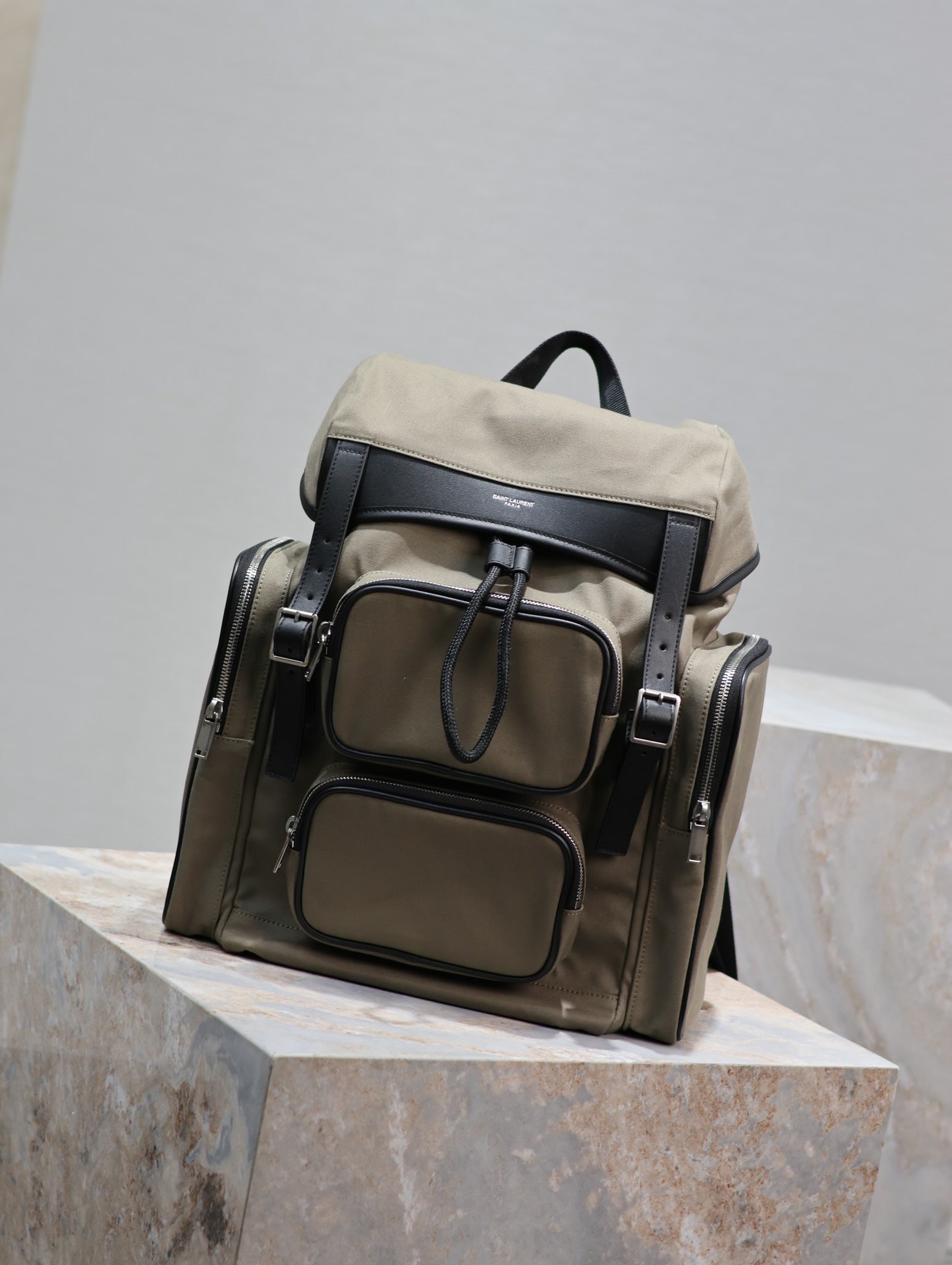 SAINT LAURENT CITY MULTI-POCKET BACKPACK 42 IN KHAKI GREEN NYLON AND BLACK SMOOTH CALFSKIN