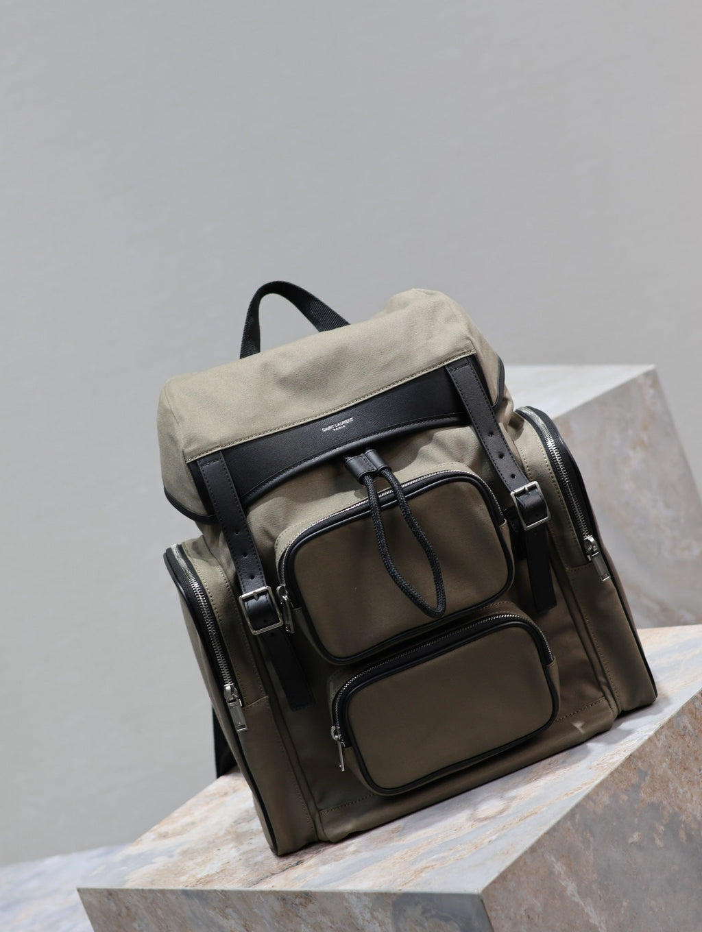 SAINT LAURENT CITY MULTI-POCKET BACKPACK 42 IN KHAKI GREEN NYLON AND BLACK SMOOTH CALFSKIN
