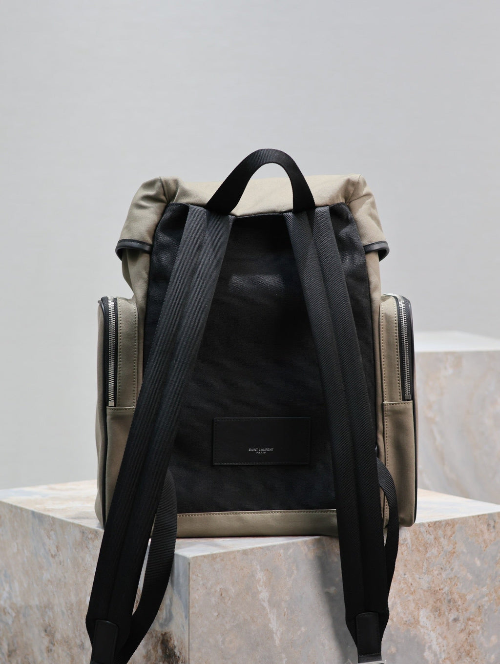 SAINT LAURENT CITY MULTI-POCKET BACKPACK 42 IN KHAKI GREEN NYLON AND BLACK SMOOTH CALFSKIN