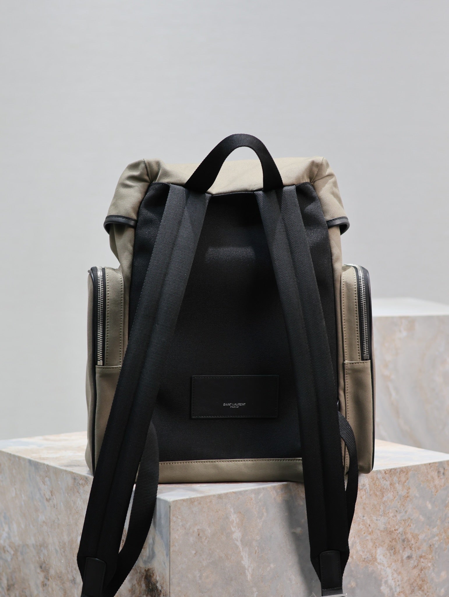 SAINT LAURENT CITY MULTI-POCKET BACKPACK 42 IN KHAKI GREEN NYLON AND BLACK SMOOTH CALFSKIN