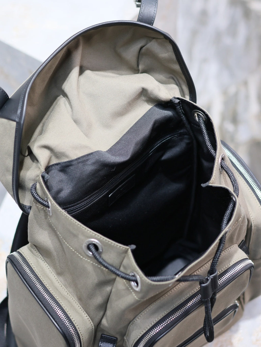 SAINT LAURENT CITY MULTI-POCKET BACKPACK 42 IN KHAKI GREEN NYLON AND BLACK SMOOTH CALFSKIN