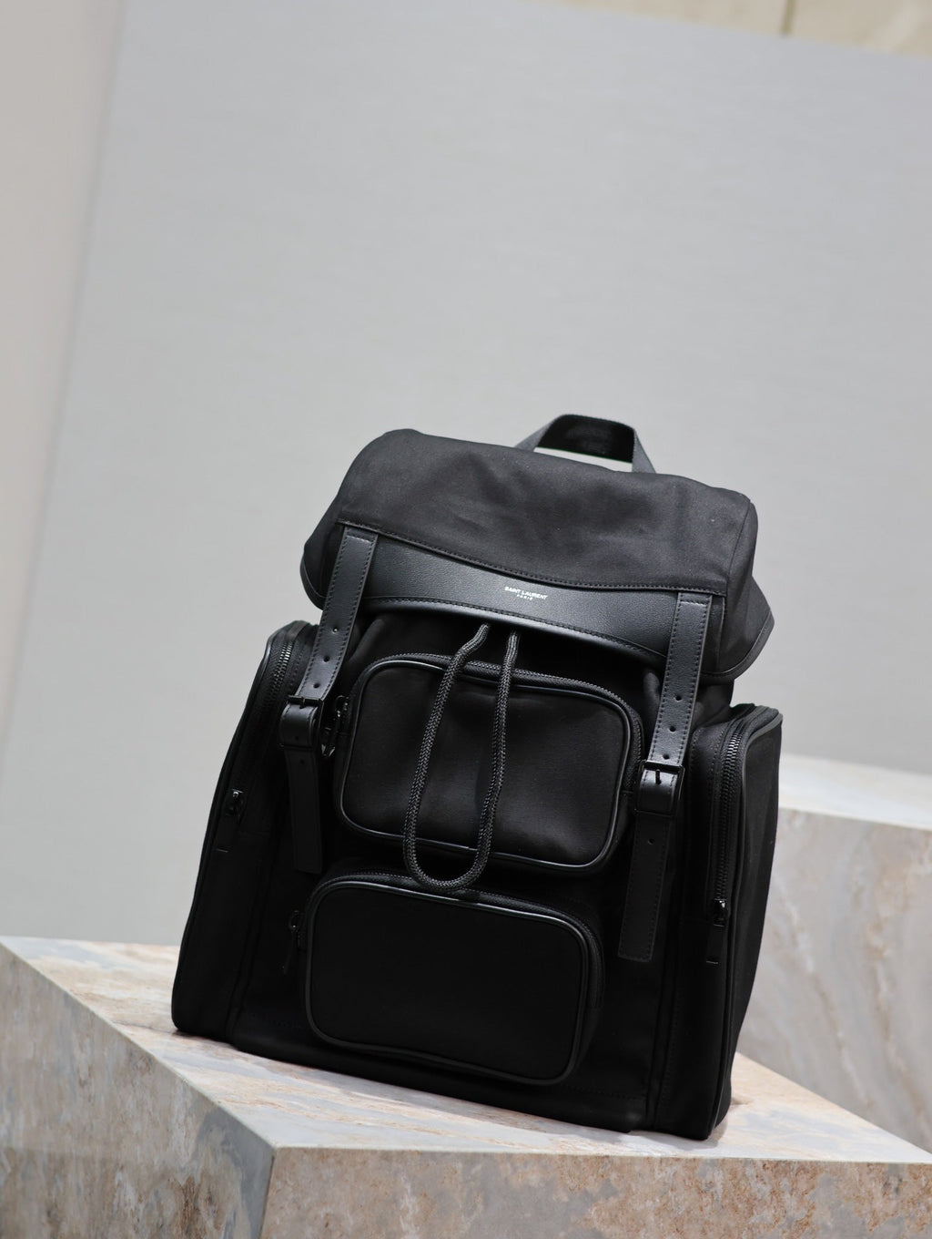 SAINT LAURENT CITY MULTI-POCKET BACKPACK 42 IN BLACK NYLON AND SMOOTH CALFSKIN