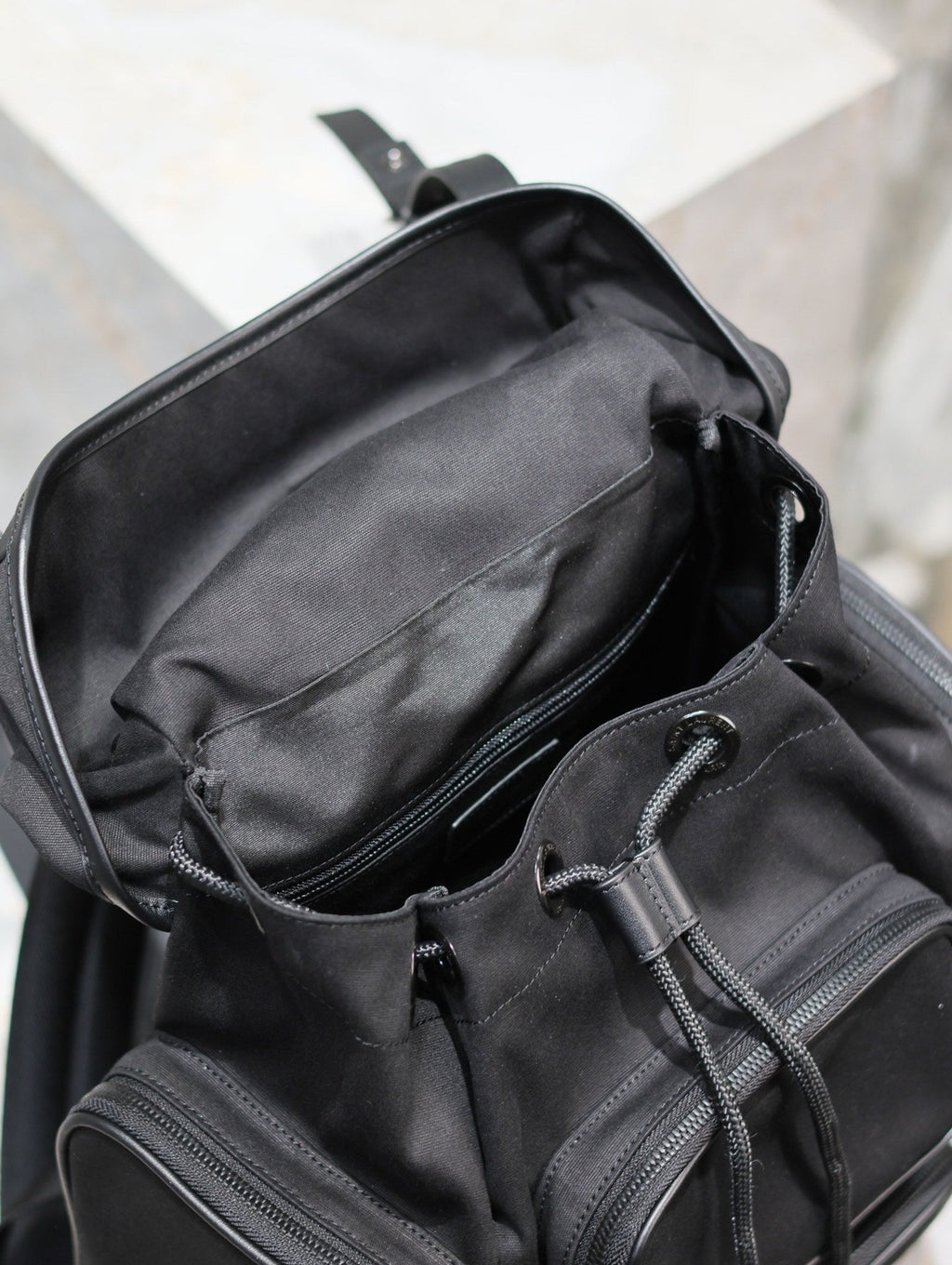 SAINT LAURENT CITY MULTI-POCKET BACKPACK 42 IN BLACK NYLON AND SMOOTH CALFSKIN
