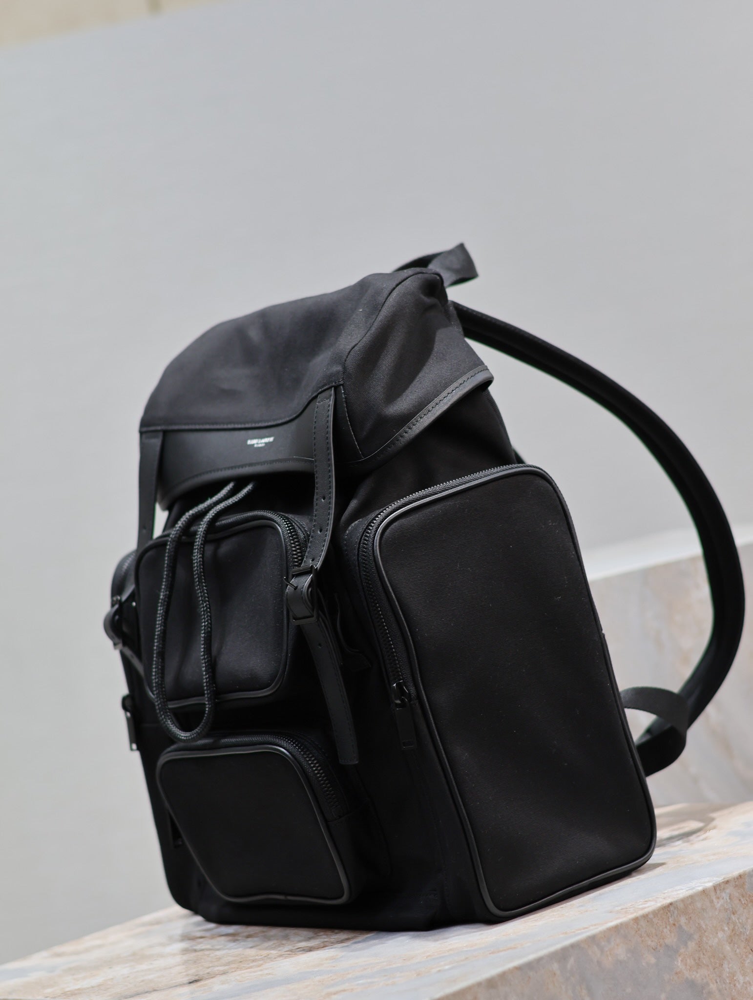 SAINT LAURENT CITY MULTI-POCKET BACKPACK 42 IN BLACK NYLON AND SMOOTH CALFSKIN