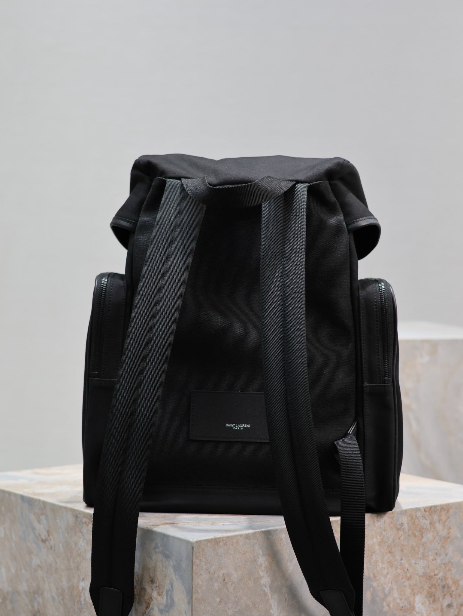 SAINT LAURENT CITY MULTI-POCKET BACKPACK 42 IN BLACK NYLON AND SMOOTH CALFSKIN