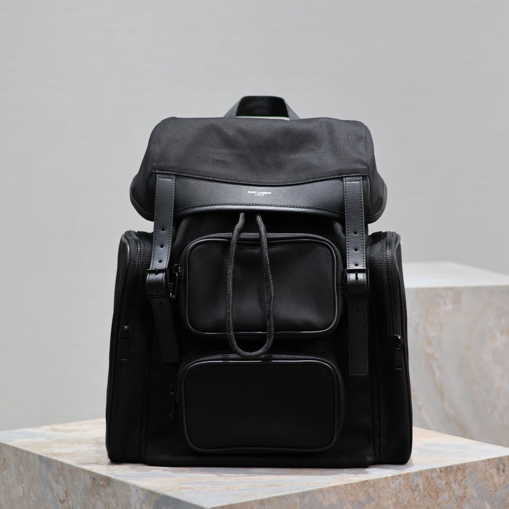 SAINT LAURENT CITY MULTI-POCKET BACKPACK 42 IN BLACK NYLON AND SMOOTH CALFSKIN