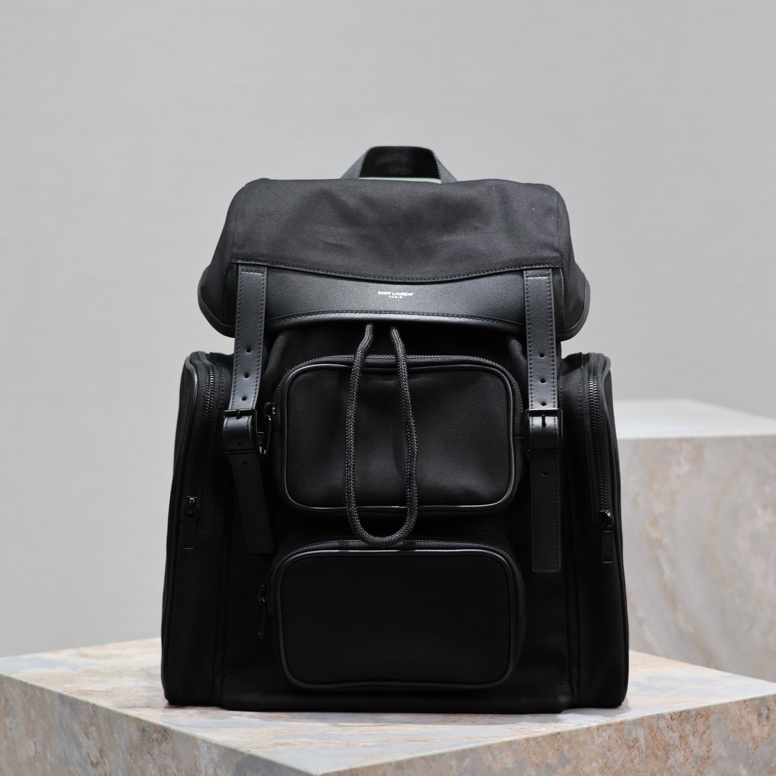 SAINT LAURENT CITY MULTI-POCKET BACKPACK 42 IN BLACK NYLON AND SMOOTH CALFSKIN