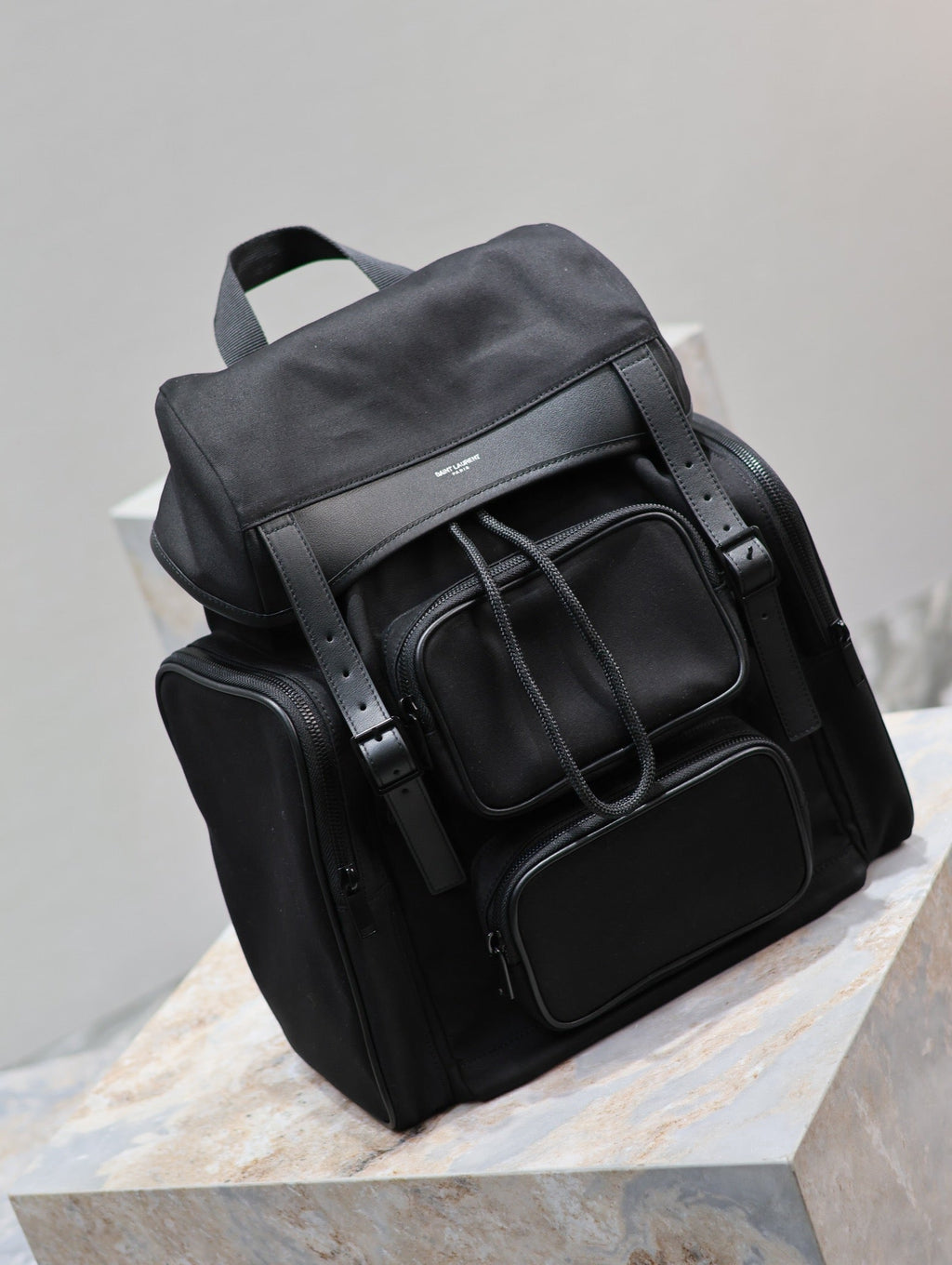 SAINT LAURENT CITY MULTI-POCKET BACKPACK 42 IN BLACK NYLON AND SMOOTH CALFSKIN