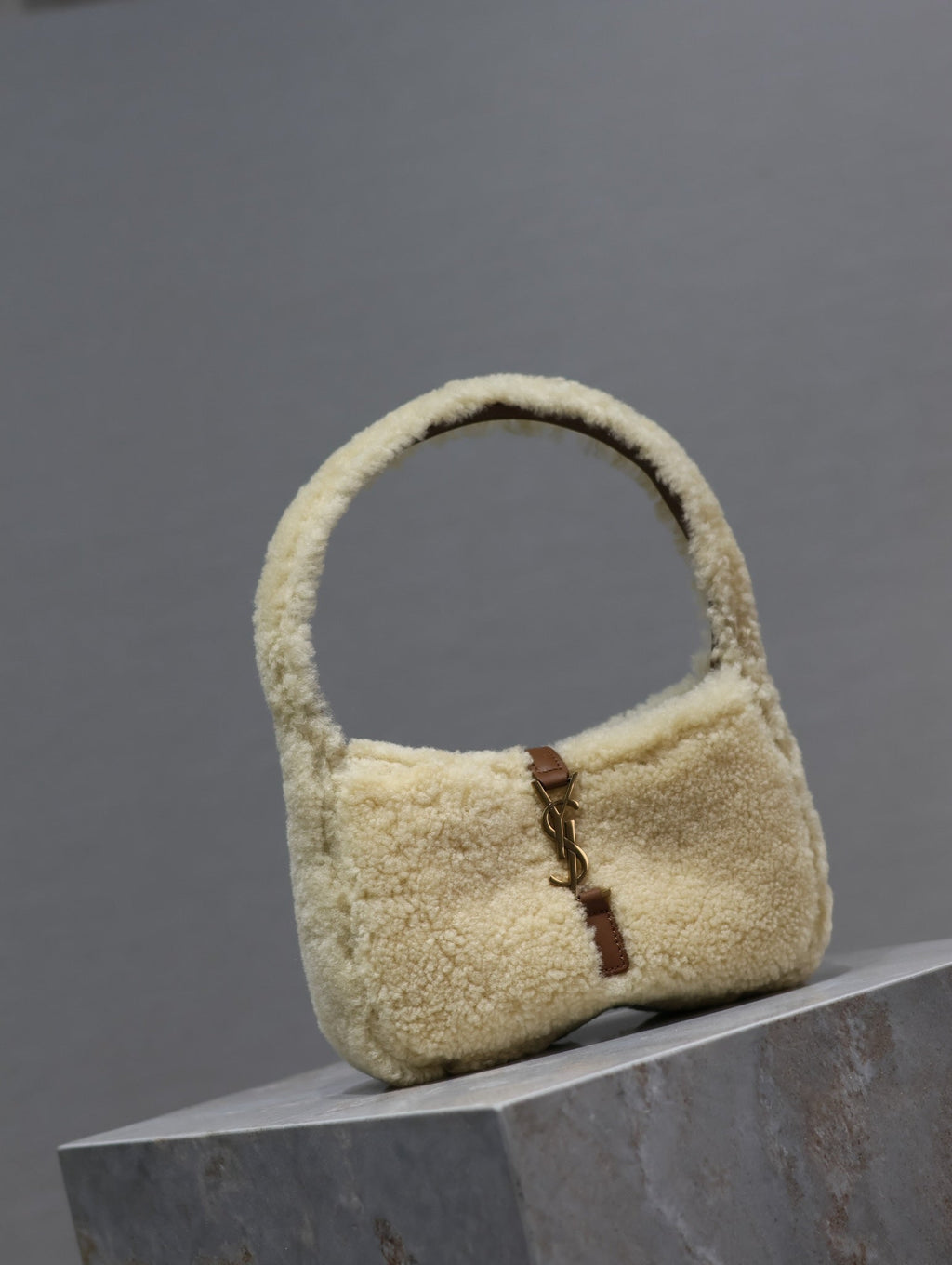 SAINT LAURENT LE 5 À 7 MINI BAG 19 IN CREAM SHEARLING AND BROWN CALFSKIN TRIM