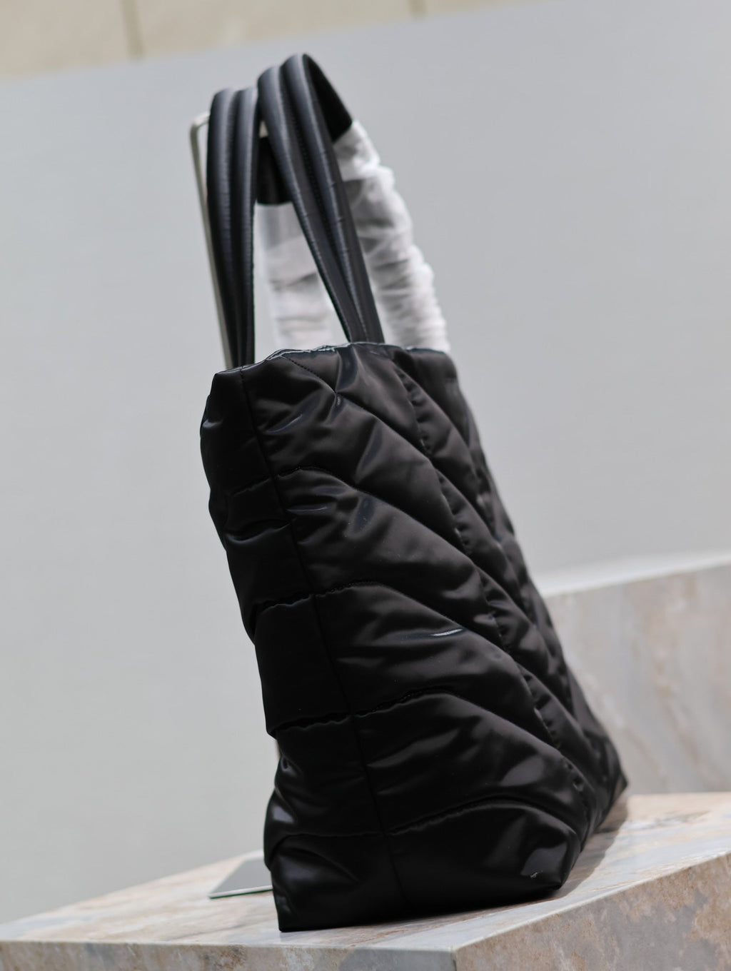 SAINT LAURENT PUFFER LARGE TOTE BAG 57 IN BLACK SILK